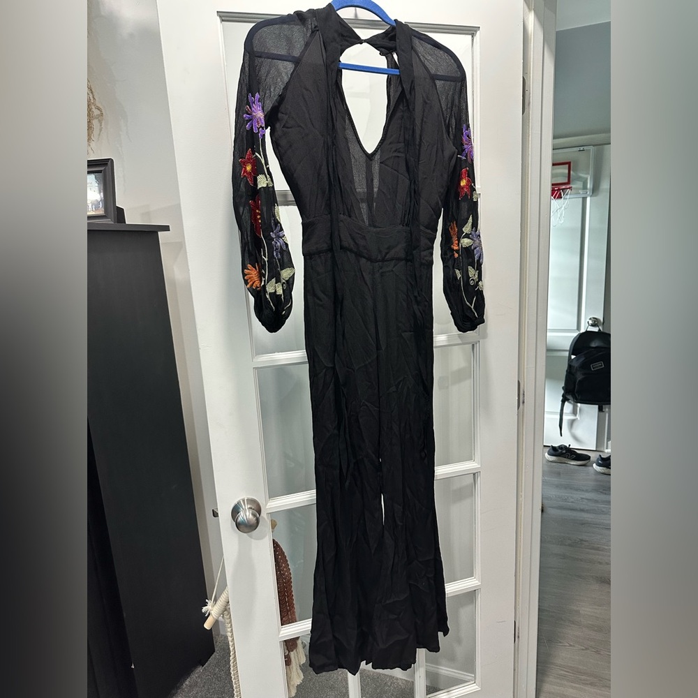 Free People Black Floral Embroidered Jumpsuit - Size 0 - Picture 3 of 8